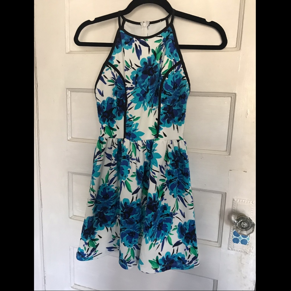 Floral blue green and white halter dress
